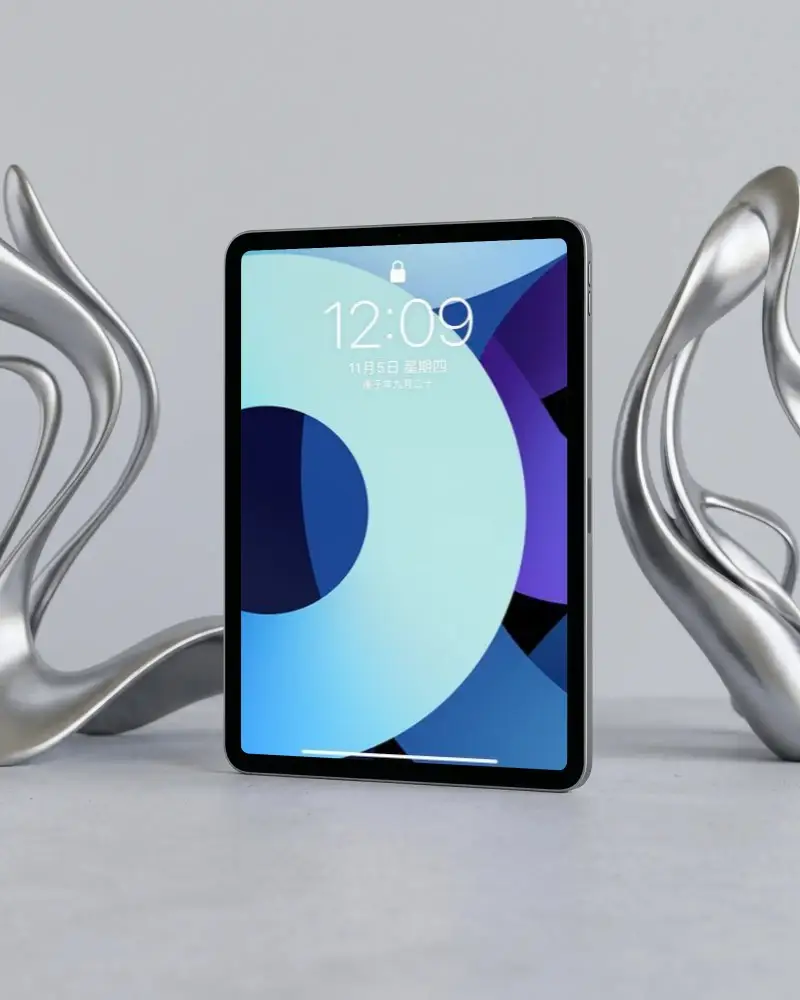 Modern Ipad Air Mockup With Silver Abstract Sculpture Background For Digital Design Presentation