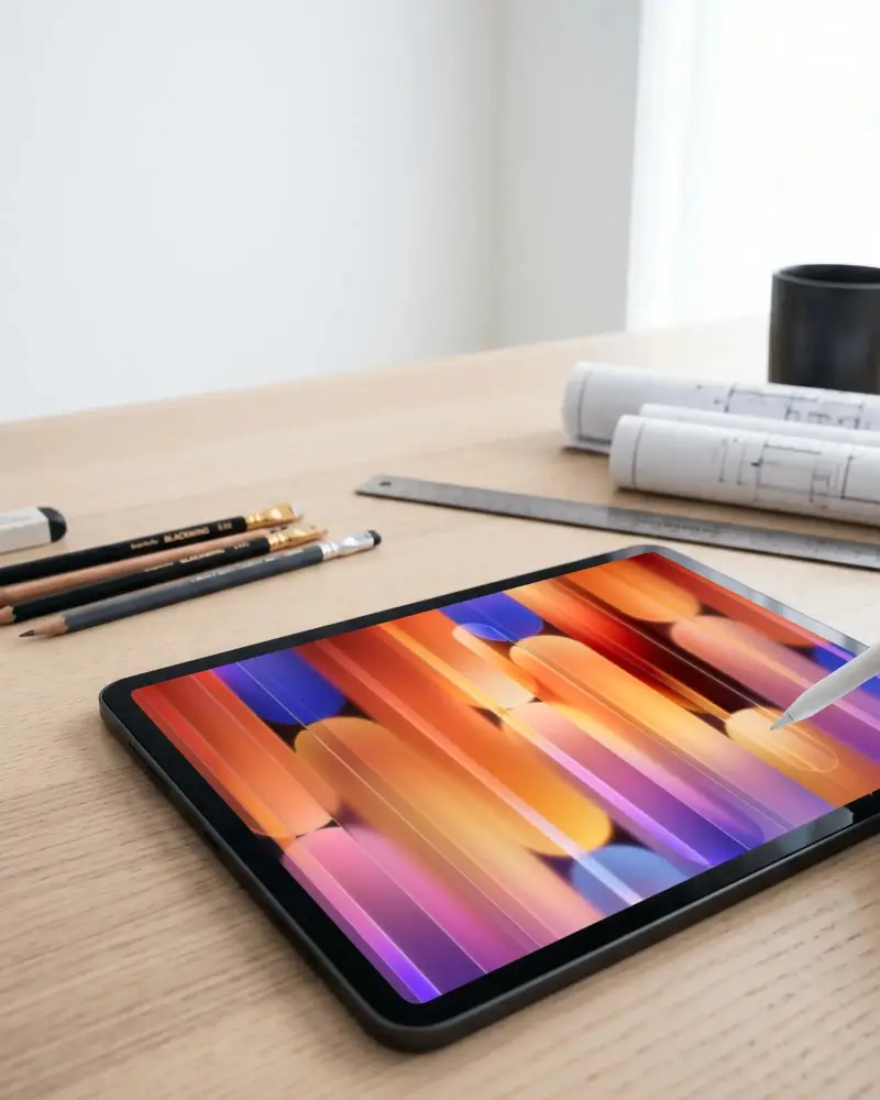 Digital Drawing Ipad Mini Mockup With Stylus Pencil And Architectural Blueprints On Wooden Desk