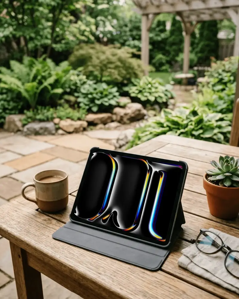 Digital Ipad Pro Mockup On Wooden Table In Tranquil Outdoor Garden Setting With Coffee And Glasses