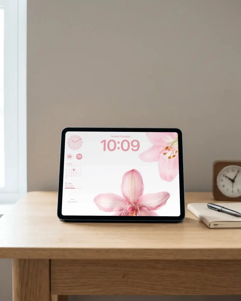 Sleek Ipad Air Mockup On Minimalist Wooden Desk Next To Notebook And Clock For Digital Display
