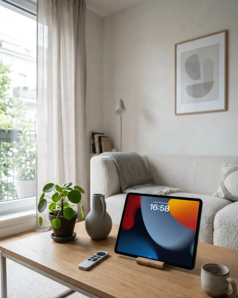 Modern Home Office Setup With Ipad Pro On Wooden Table Near Sofa And Decorative Plants