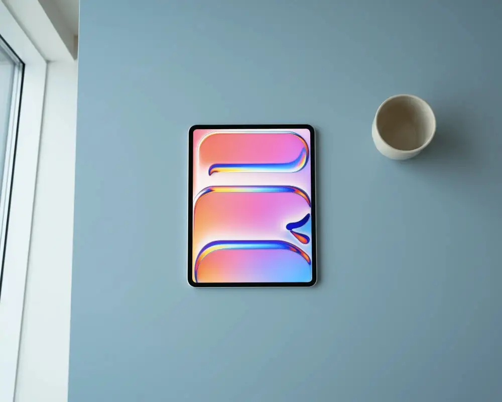 Modern Ipad Pro Mockup Placed On Minimalistic Blue Background With Empty Cup