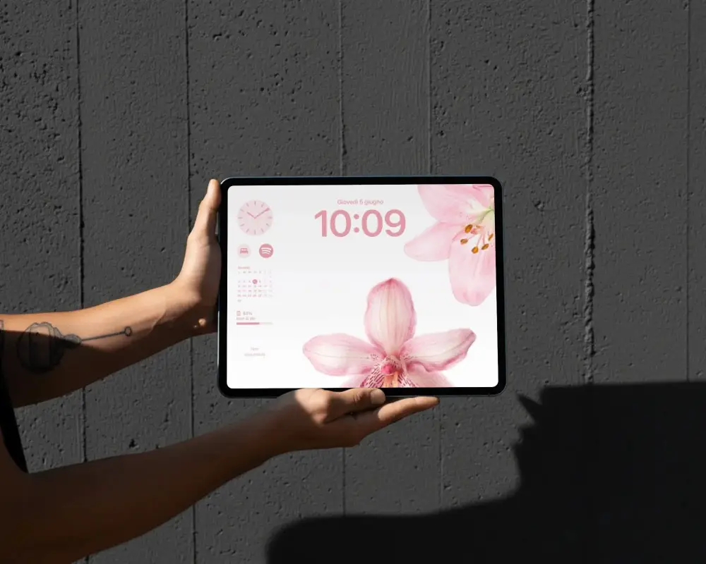 Horizontal Ipad Air Mockup In Hands Against Textured Wall Background For Display App