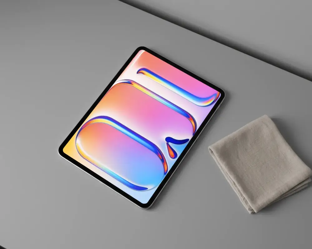 Digital Tablet Ipad Mockup Set On Monochrome Flat Surface With Soft Cloth Item Nearby