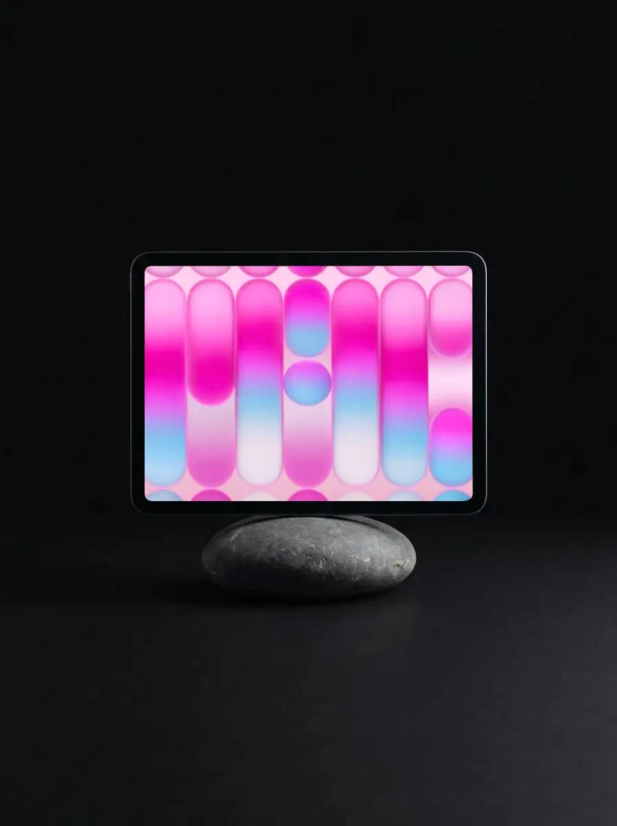 Minimalist Ipad Mini Mockup Standing On Nature Inspired Stone Isolated On Black Background