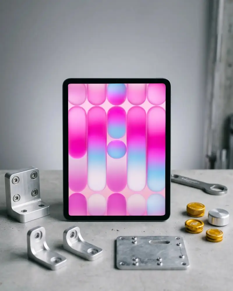 Ipad Mini Mockup With Metal Mechanical Parts On Industrial Style Tabletop Display
