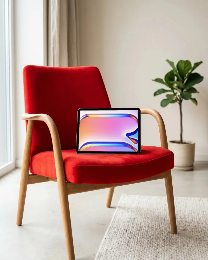 Modern Ipad Pro Mockup On Minimalist Chair Showcasing Technology In Contemporary Living Space