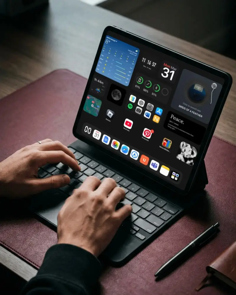 Hands Typing On Ipad Air Keyboard With Screen For Customizable Digital Content Showcase