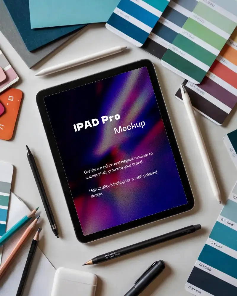 Creative Workspace Ipad Mockup Digital Tablet Surrounded By Color Swatches Pencils And Design Tools Top View Flat Lay Setup