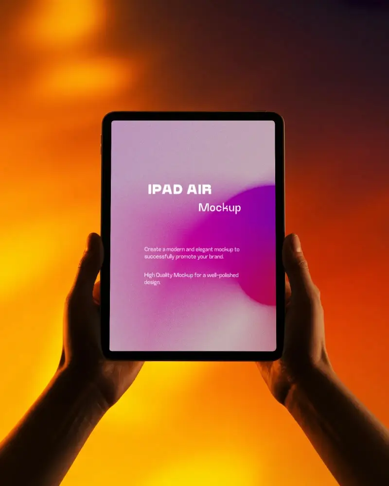 Hands Holding Ipad Air Mockup With Blank Screen Display Over Glowing Bright Background