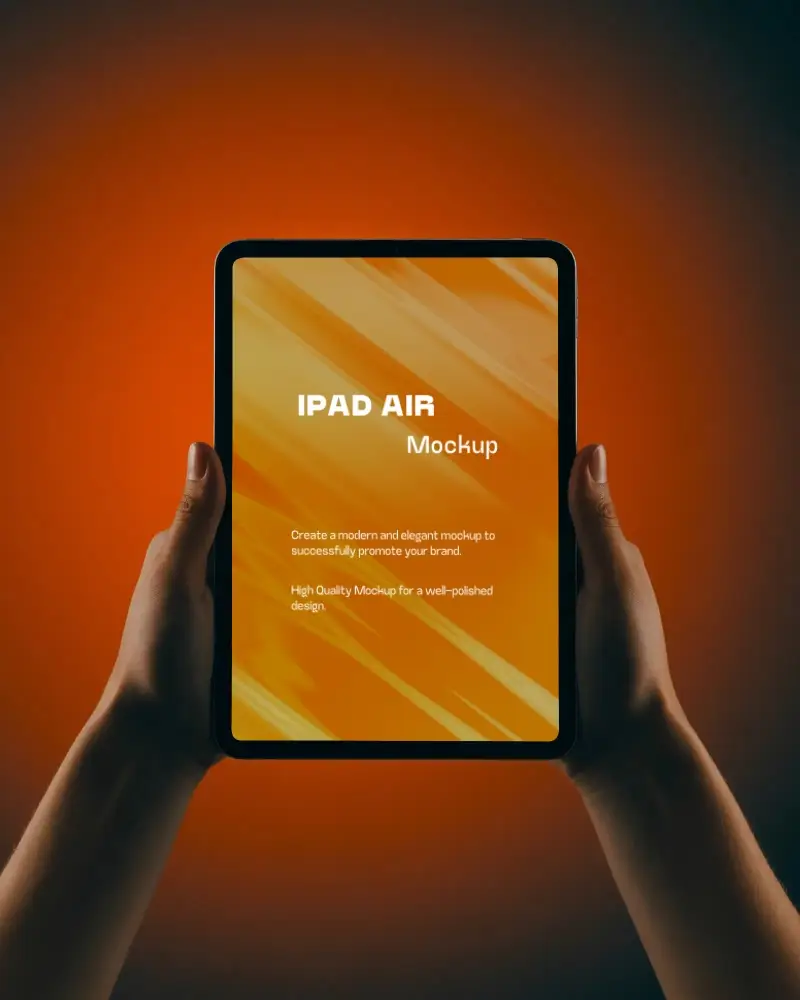 Hands Holding Ipad Air Mockup With High Contrast Orange Background For Presentations