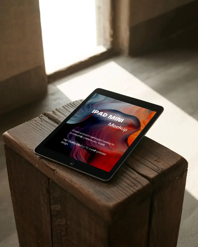 Sleek Ipad Mini Mockup Displayed On Vintage Wooden Surface With Natural Light For Digital Use