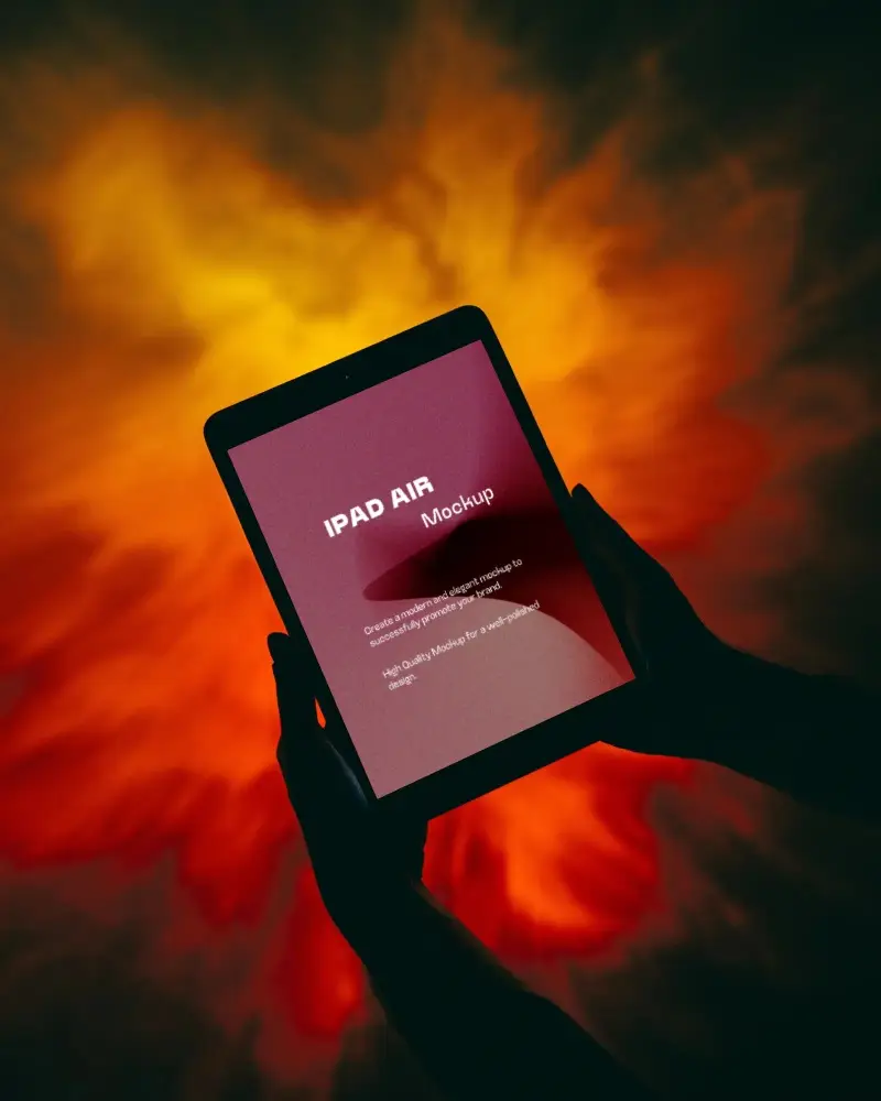 Ealistic Ipad Air Mockup With Black Screen Showcased In Hands On Bright Colorful Abstract Backdrop