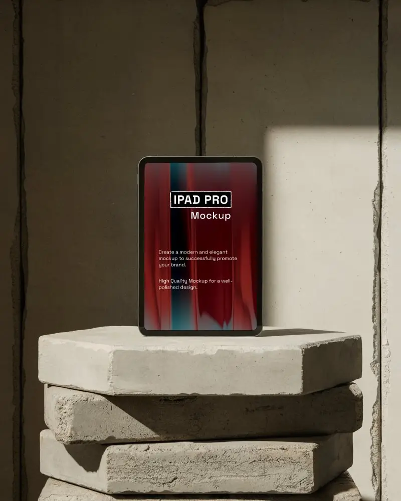 Vertical Ipad Pro Mockup Standing On Concrete Slabs Minimal Earthy Background