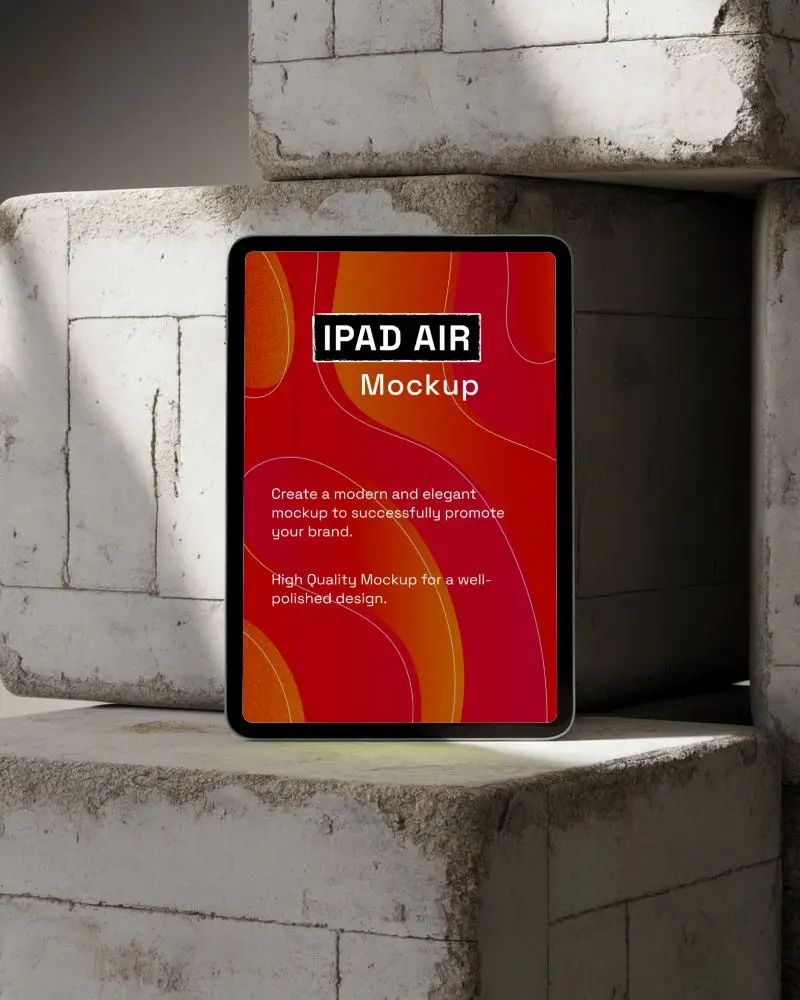 Minimalist Ipad Air Mockup Against Stacked Rustic Concrete Bricks