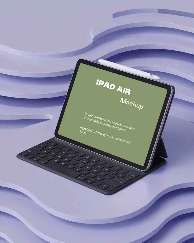 Productivity Focused Ipad Air Mockup On Keyboard In Modern Purple Environment