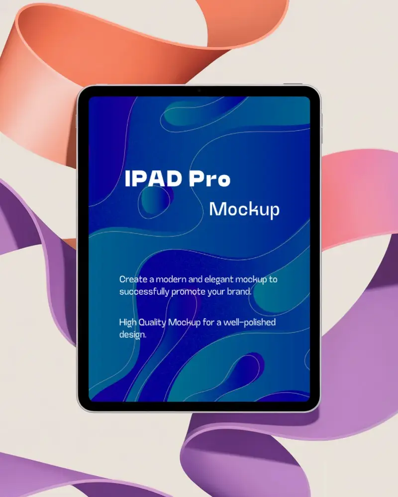 Ipad Pro Mockup Front View With Floating Colorful Ribbons In Creative Studio Light