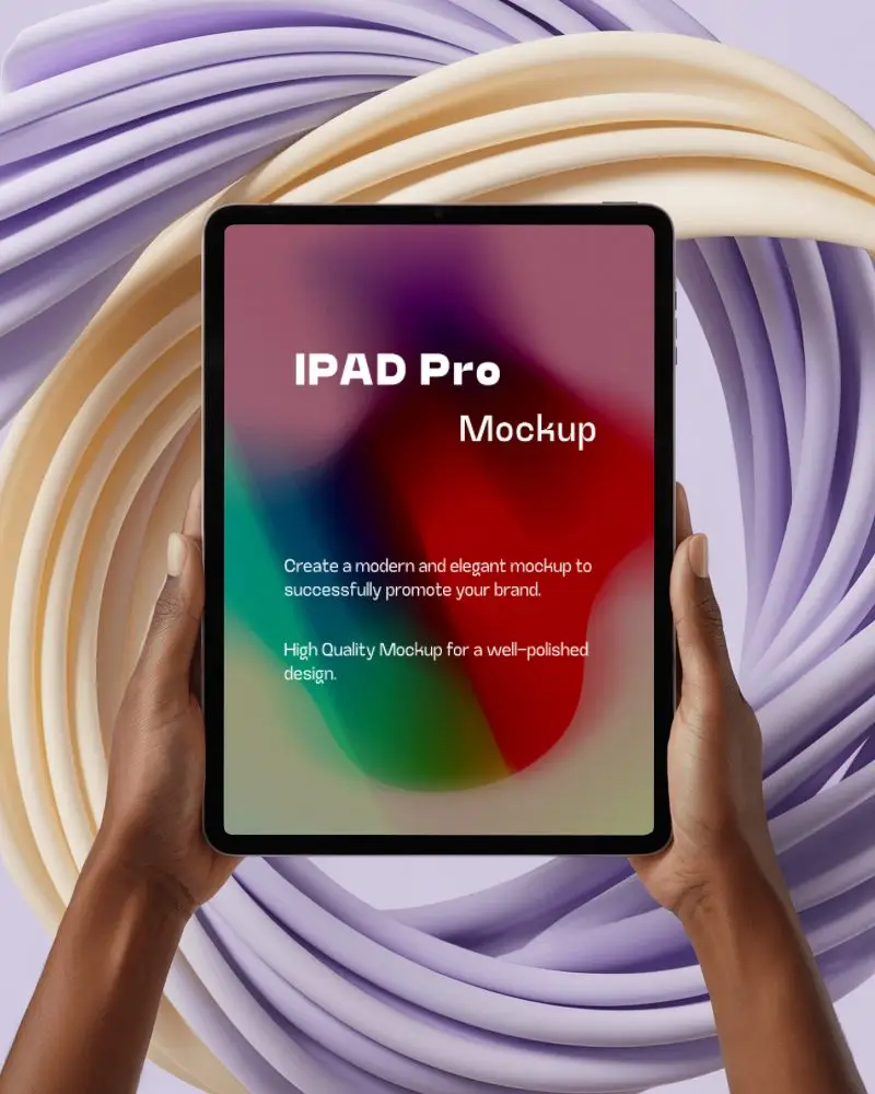 Vertical Ipad Pro Mockup Handheld With Cream And Lavender Twisted Backdrop