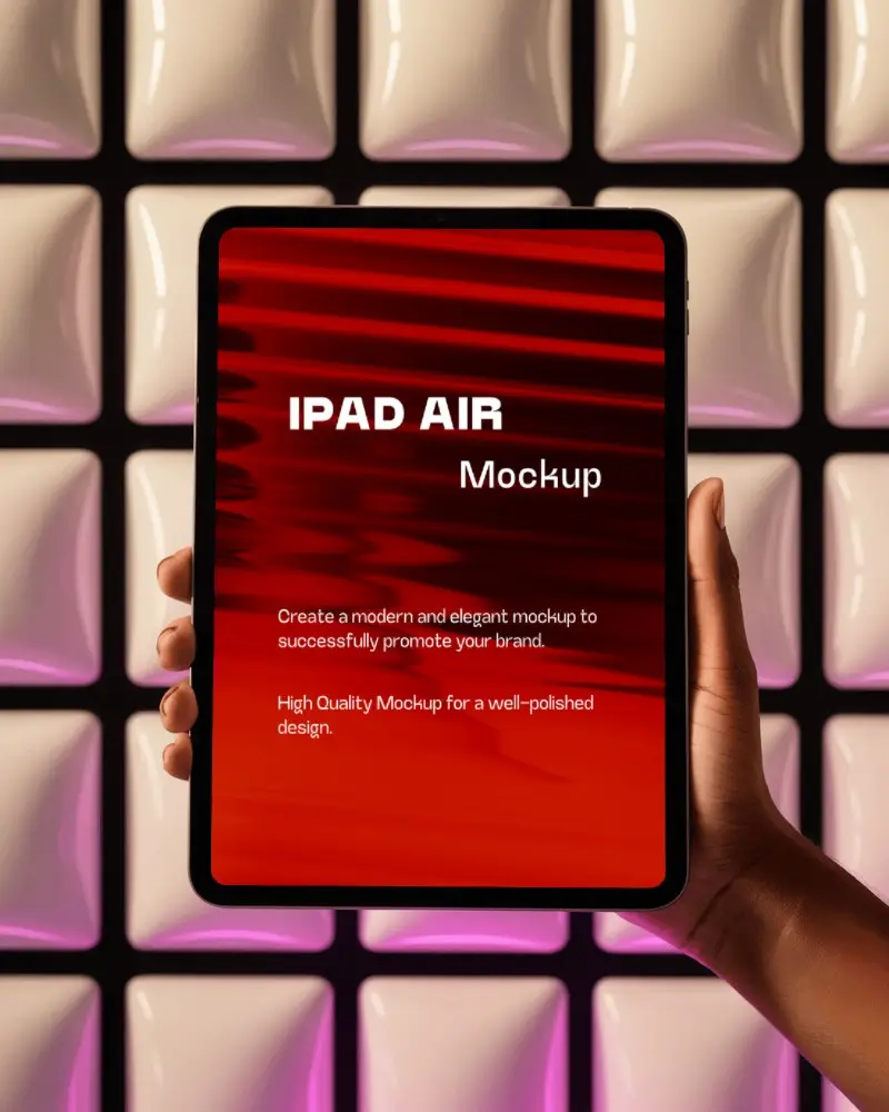 Ipad Air Mockup Handheld Against Glowing 3d Tile Wall With Purple Ambient Light