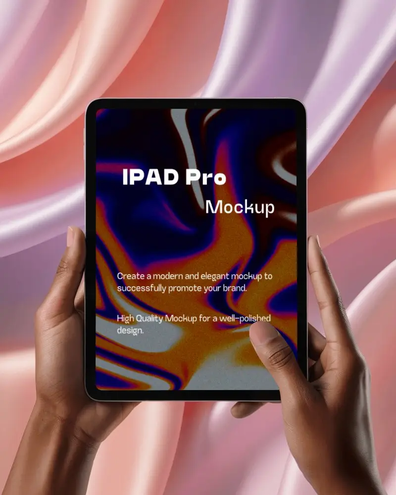 Realistic Ipad Pro Mockup In Hands Soft Flowing Curtain Backdrop Studio Light