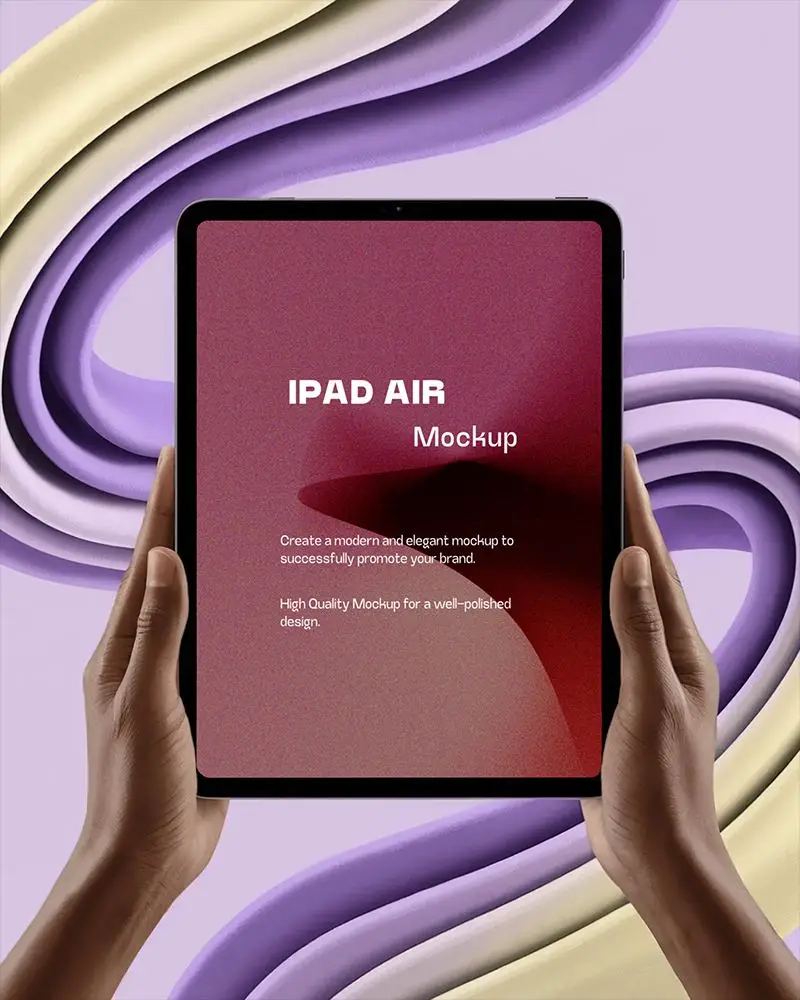 Elegant Ipad Air Mockup Front Facing Tablet In Hands Against Color Layered Purple And Yellow Swirl Style