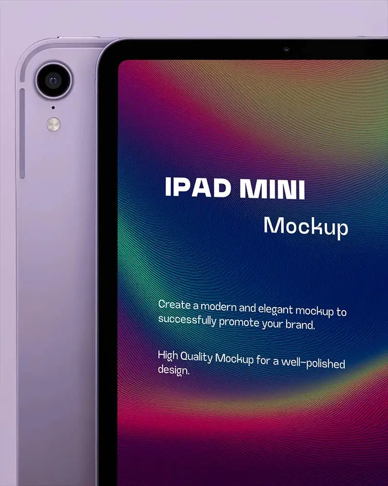 Close Up Ipad Mini Mockup Split Front And Back View In Purple Color On Light Lavender Background