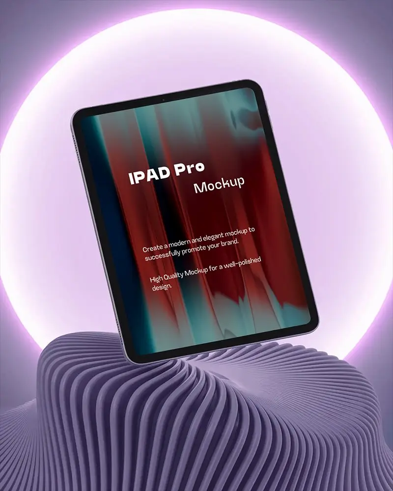 Futuristic Ipad Pro Mockup Levitating Tablet On Abstract Wavy Base With Purple Neon Halo Background