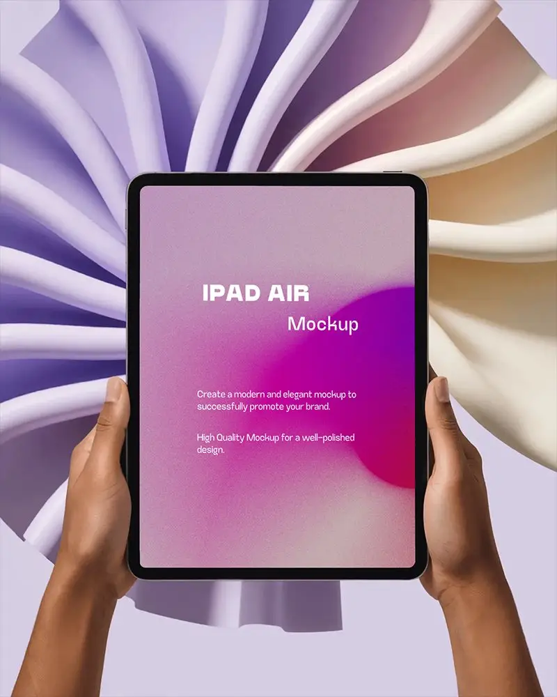 Ipad Air Mockup Hands Holding Tablet Against Pastel Wavy Backdrop Soft Purple And Cream Flow Design
