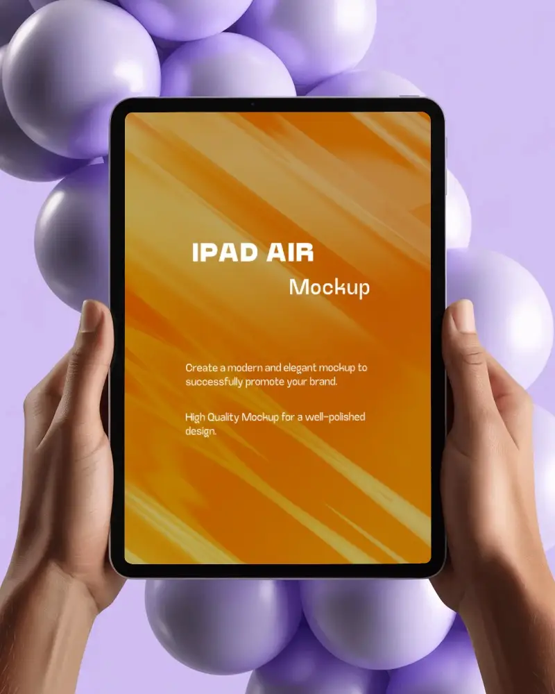 Ipad Air Mockup Hands Holding Tablet With Lavender Balloons In Background Soft Playful Design