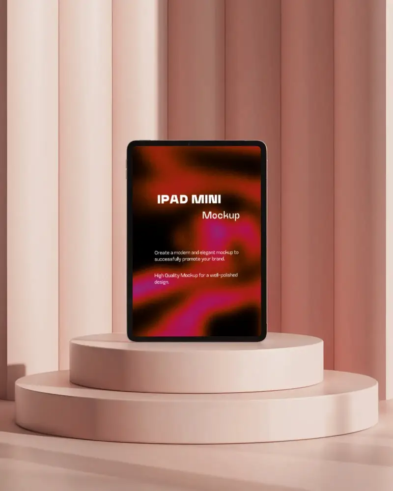 Elegant Ipad Mini Mockup Straight On View On Rounded Pedestal Against Blush Toned Curved Walls