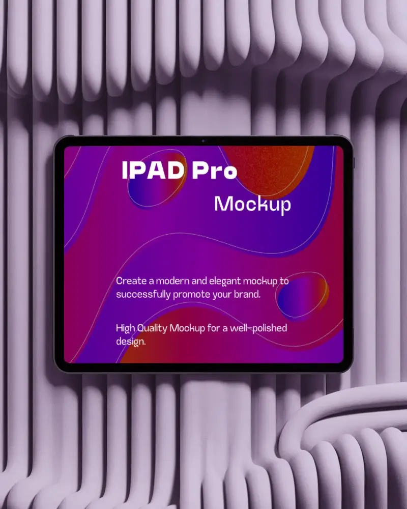 Landscape Ipad Pro Mockup Centered On Abstract Lavender Sculpture Background With Wavy Curved Lines