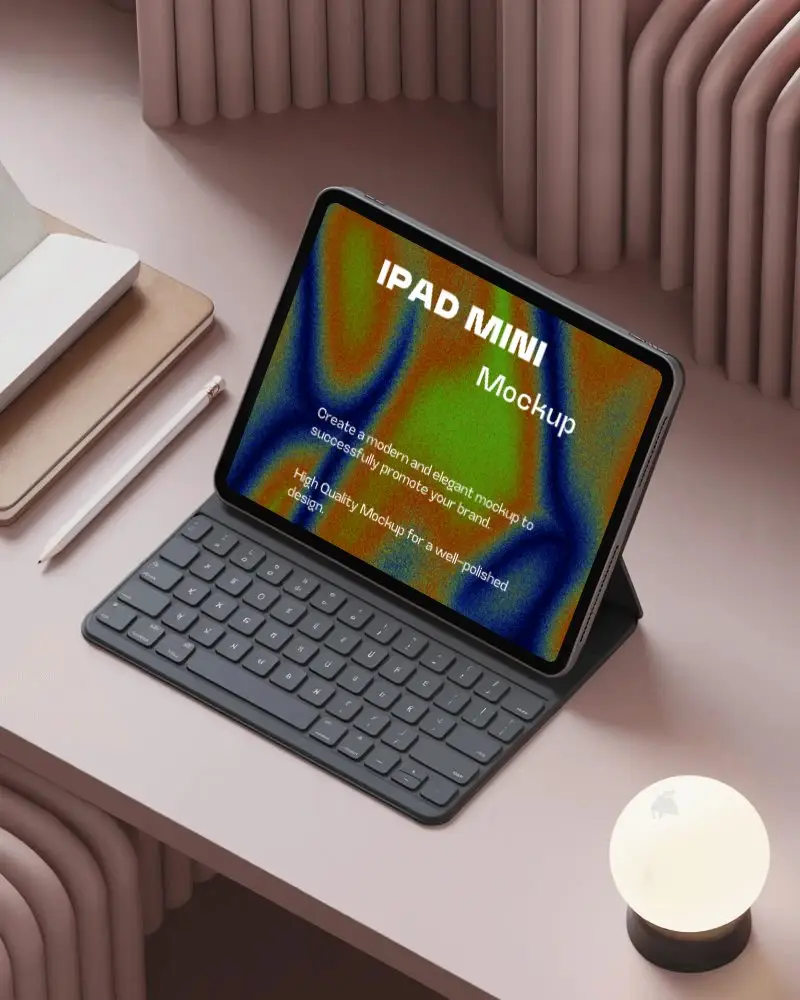 Workspace Ipad Mini Mockup Tablet With Keyboard On Soft Pink Surface Featuring Minimal Stationery