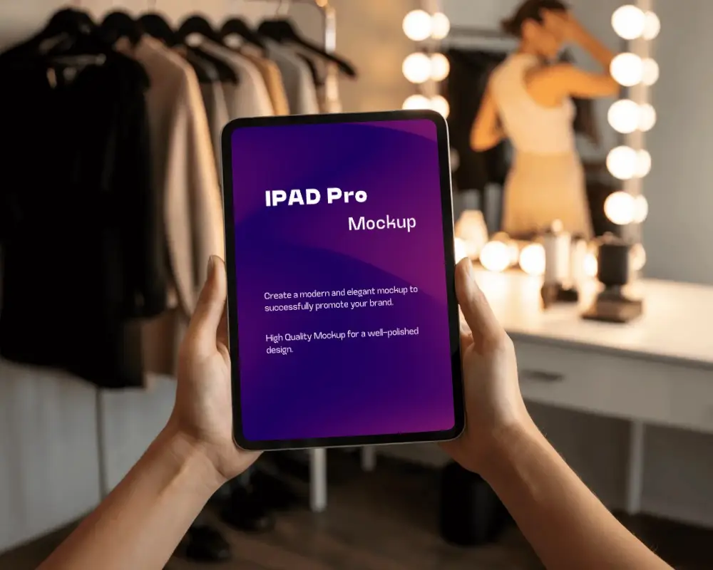 Ipad Pro Mockup Hand Holding Device In Stylish Dressing Room With Lit Vanity Background