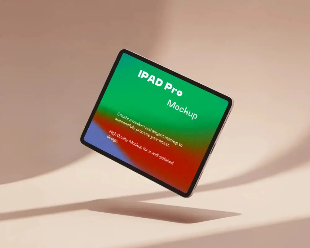 Floating Ipad Pro Mockup In Landscape Mode With Soft Beige Background And Cast Shadow