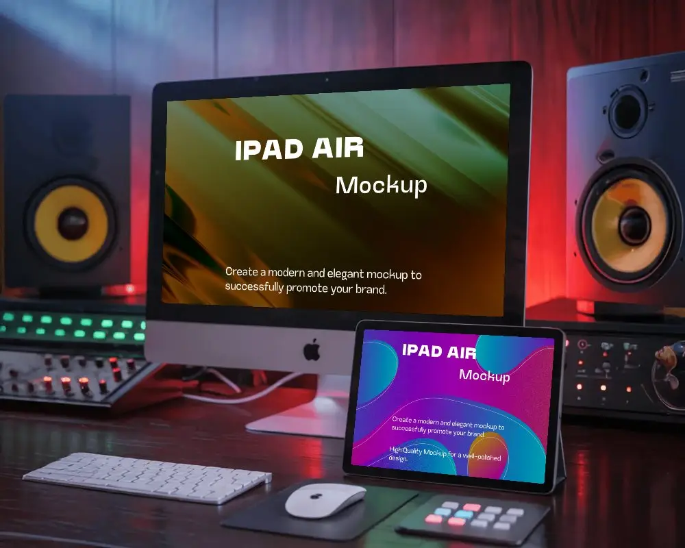 Professional Workstation Mockup Imac Desktop And Ipad Air Tablet In Lit Sound Engineering Room