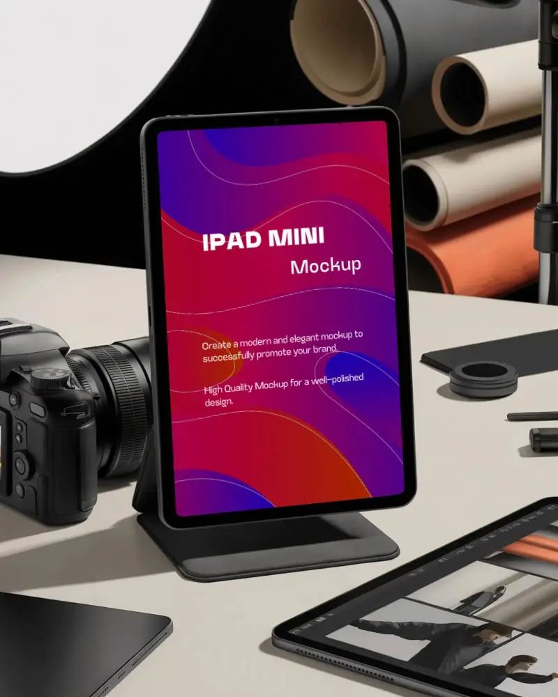 Professional Studio Ipad Mini Mockup Tablet On Stand With Dslr Camera And Lighting Gear