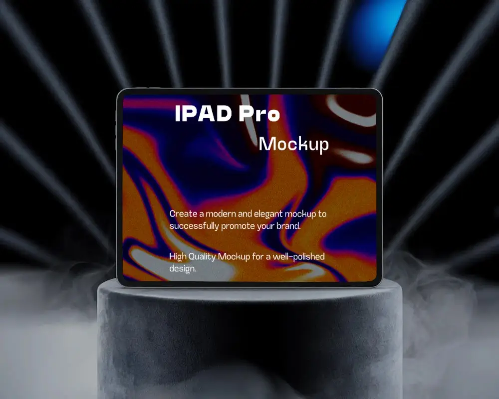 Cinematic Ipad Pro Display Mockup Tablet On Smoke Filled Podium With Spot Beam Backdrop