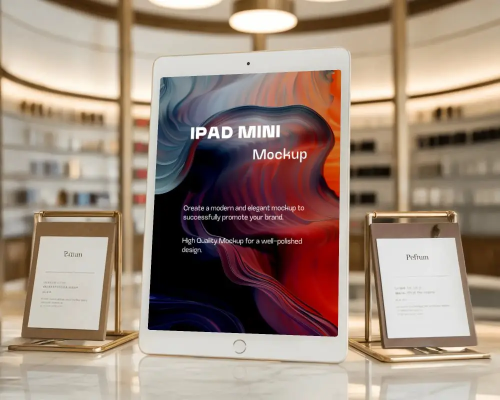 Elegant Ipad Mini Mockup On Marble Counter In High End Fragrance Boutique Interior