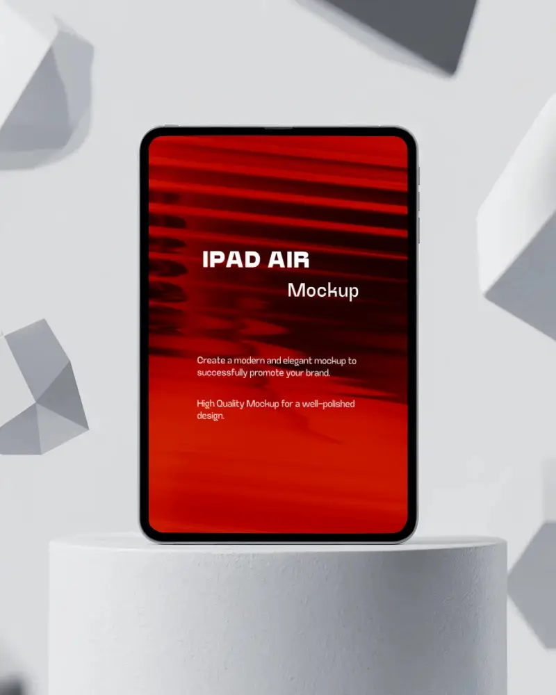 Ipad Air Mockup On Minimal Pedestal With Floating 3d Geometric Shapes In White Studio