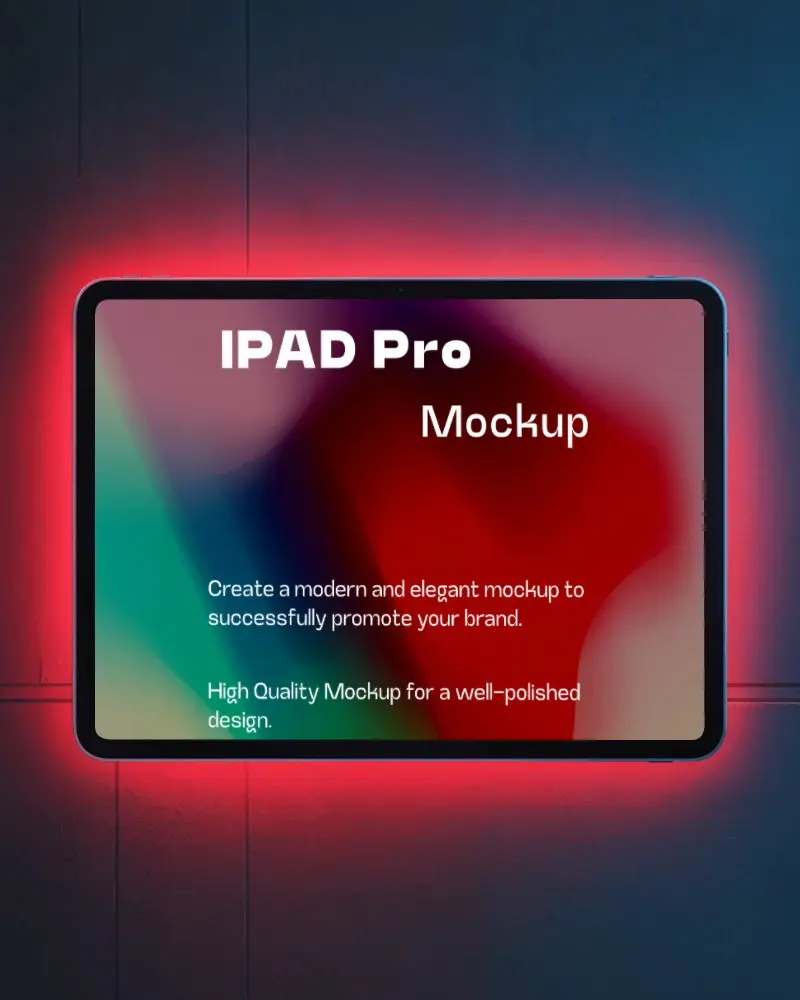 Ipad Pro Mockup Horizontal Display Mounted On Wall With Bold Red Neon Backlight