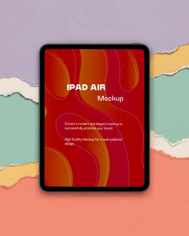 Vibrant Ipad Air Mockup Front Facing Device Against Artsy Paper Craft Backdrop Design