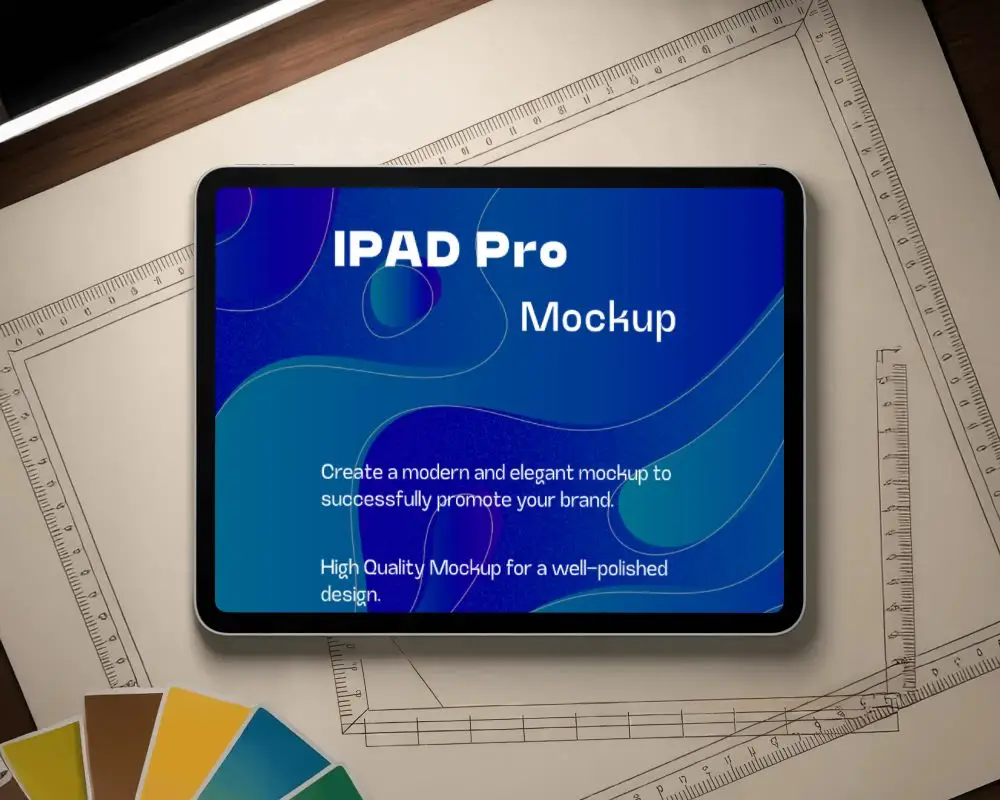 Ipad Pro Mockup Flatlay On Designer Desk With Sketch Paper Rulers And Color Swatches