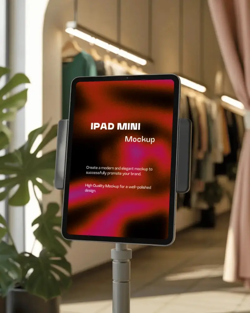 Ipad Mini Mockup On Stand In Modern Boutique With Clothing Rack And Natural Light