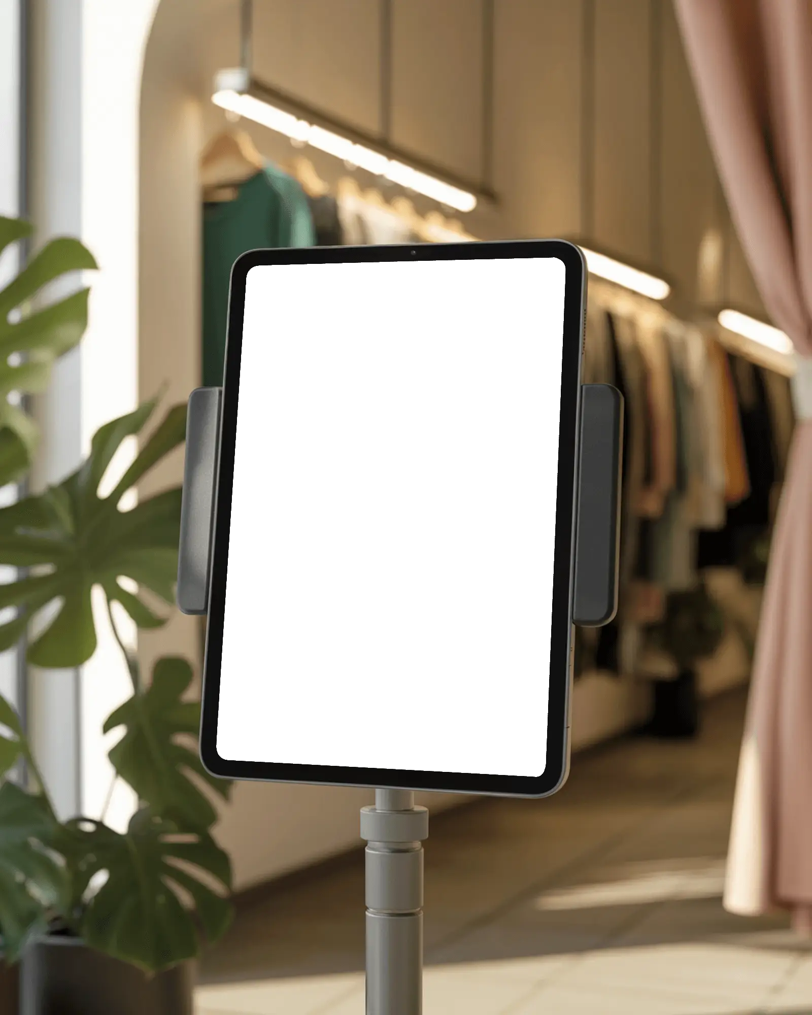 Ipad Mini Mockup On Stand In Modern Boutique With Clothing Rack And Natural Light