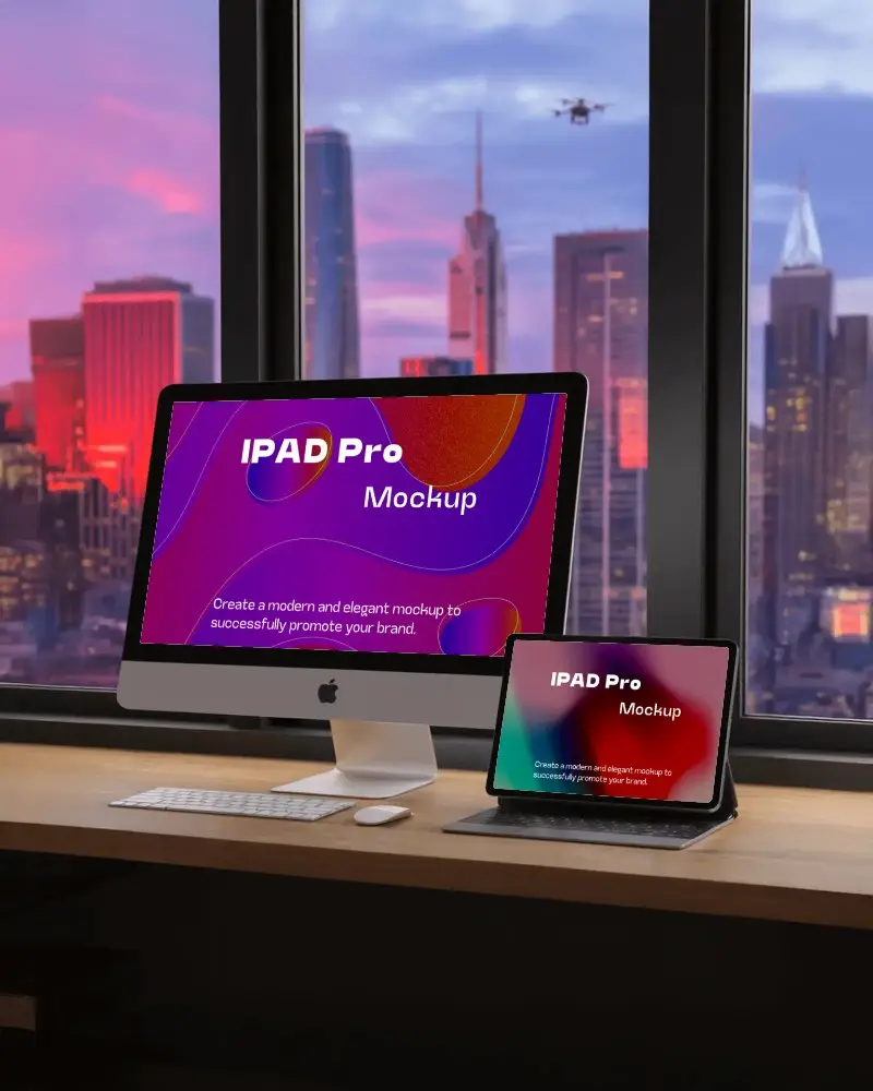 Tech Workstation Mockup Imac And Ipad Pro On Wood Desk Overlooking New York Sunset