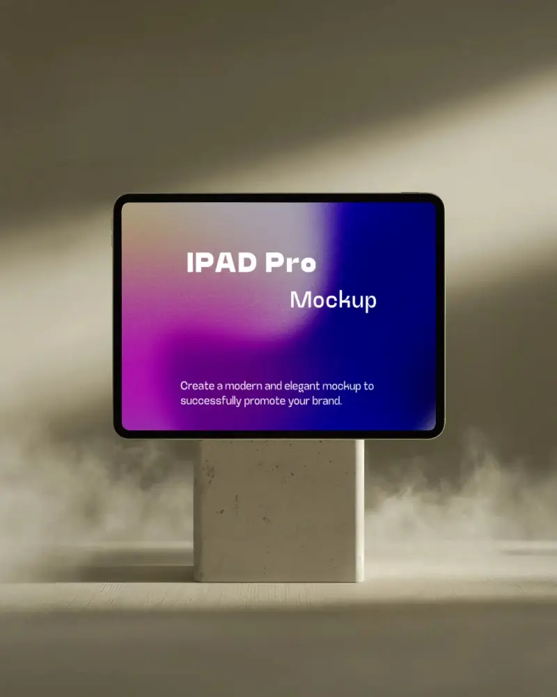 Ipad Pro Mockup Landscape Display On Stone Pedestal In Moody Fog And Soft Directional Light