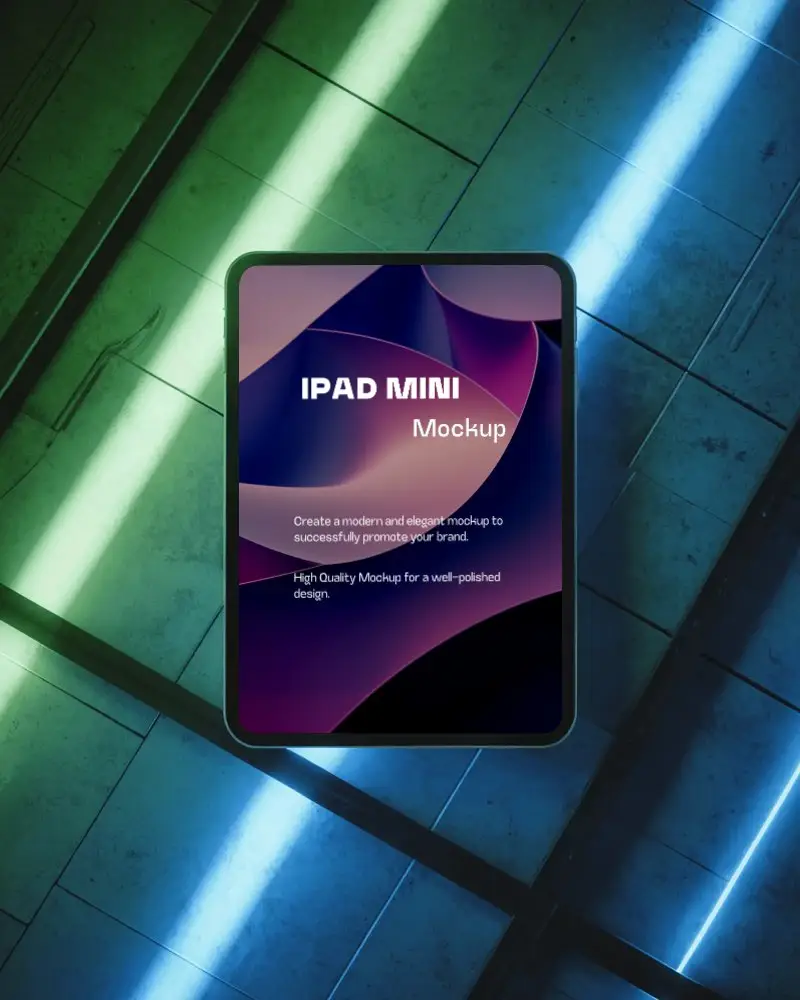 Ipad Mini Mockup Portrait Orientation On Glowing Neon Tile Floor With Blue And Green Lights