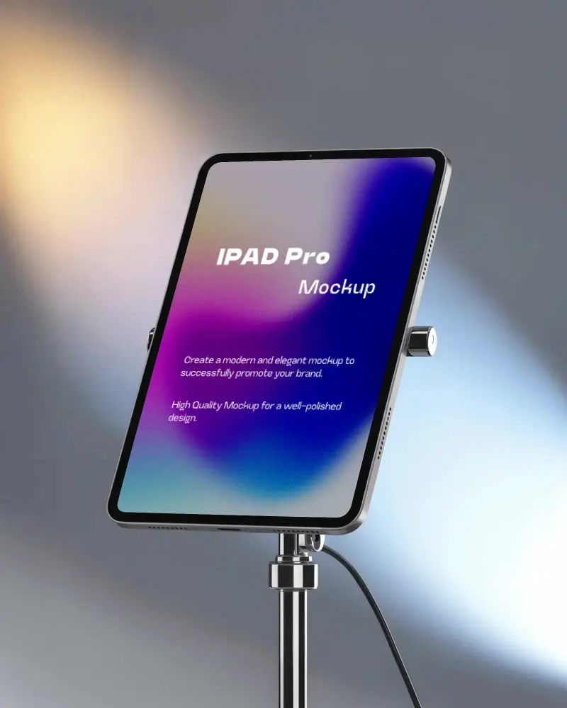 Ipad Pro Mockup Angled Display On Metal Stand With Soft Gradient Lighting In Studio