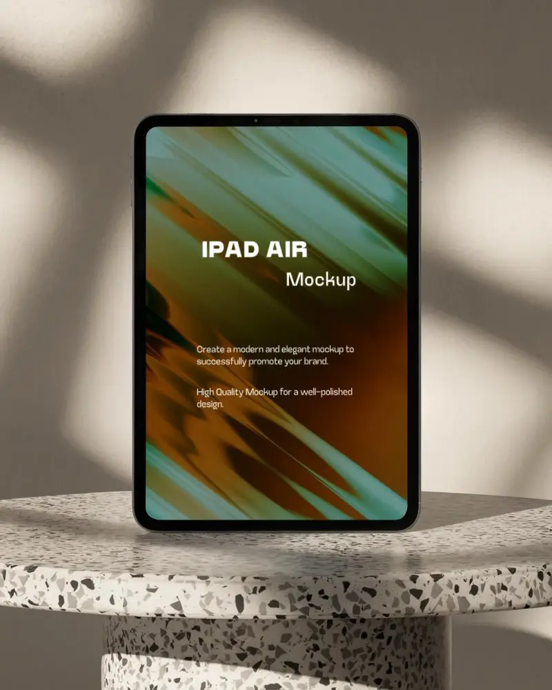 Ipad Air Mockup Upright On Terrazzo Pedestal With Soft Architectural Light And Shadows