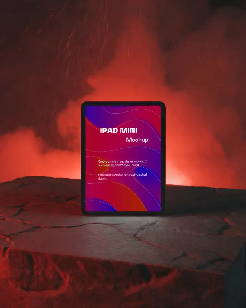 Ipad Mini Mockup Upright On Rough Stone Platform With Dramatic Red Smoke And Backlight